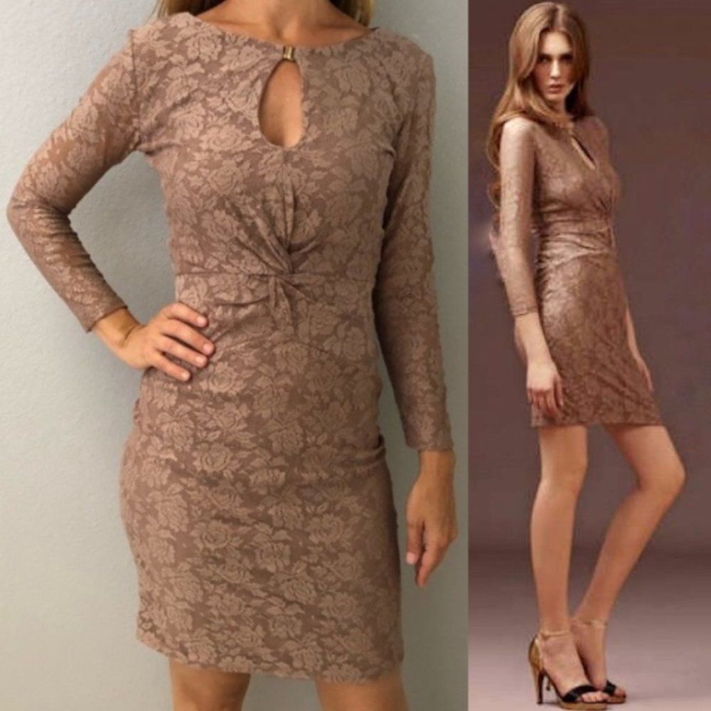 Reiss Clemence Lace Keyhole Knee Length Taupe Ruched Dress size xs